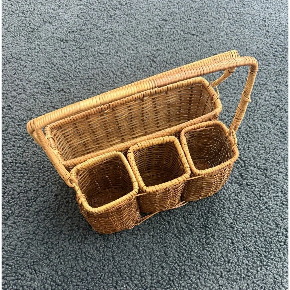 Vintage Wicker Silverware Utensils Napkin Organizer w/ Handled Picnic Caddy